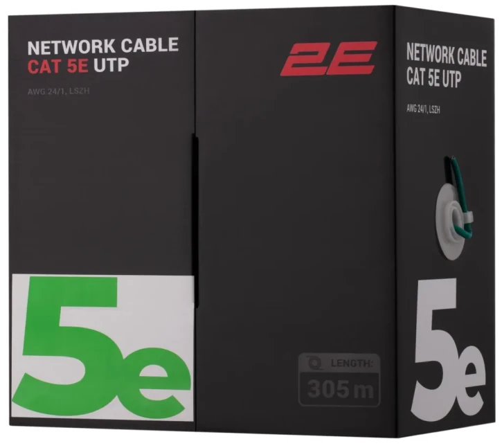 Кабель вита пара 2E CAT 5e, U/UTP, AWG 24/1, LSZH 305 м (2E-CBL5EUTP-LSZH-GRN)