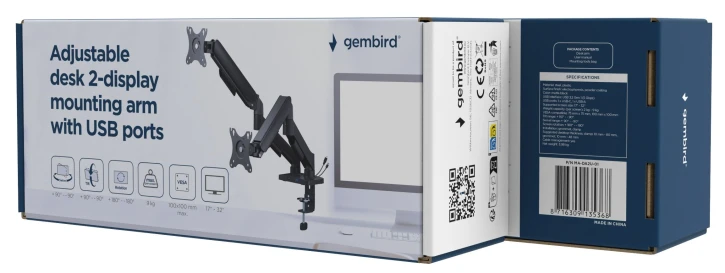 Кронштейн для 2 моніторів Gembird MA-DA2U-01 17"- 32", з USB-портами фото 5