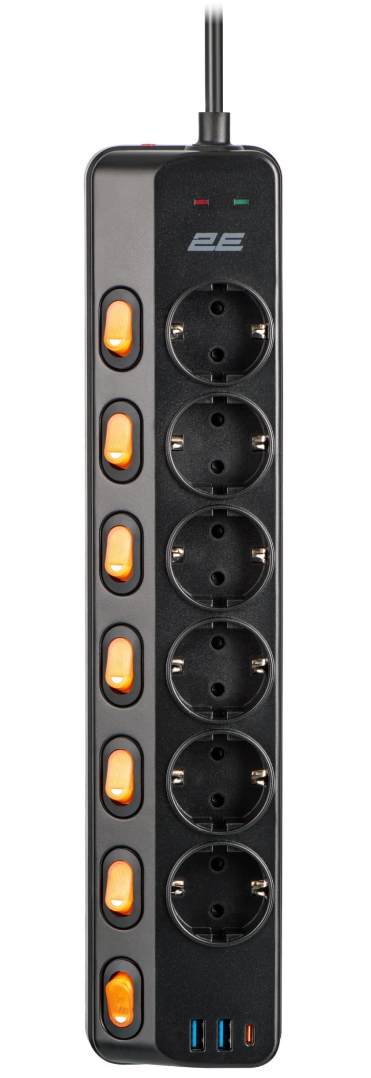 Мережевий фільтр 2E 6xТипF, 16A, 2xUSB-A, 1x USB-C,3м чорний (2E-SP6M3SWBK) фото 2
