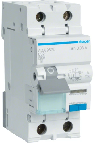 Диференціальний автоматичний вимикач Hager ADA982D (1P+N, 6kA, C, 32A, 30mA, A)