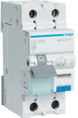 Дифференциальный автоматический выключатель Hager ADA970D (1P+N, 6kA, C, 20A, 30mA, A)