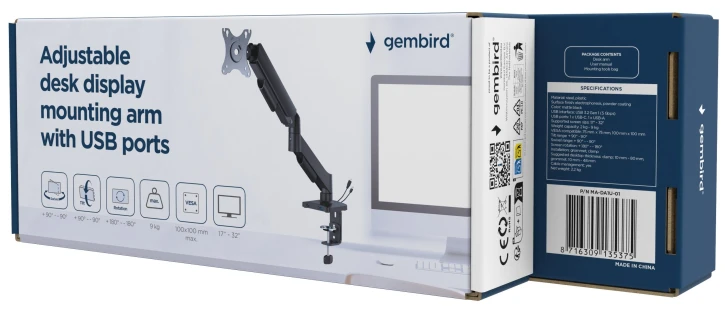 Кронштейн для монітора Gembird MA-DA1U-01 17"- 32", з USB-портами фото 5