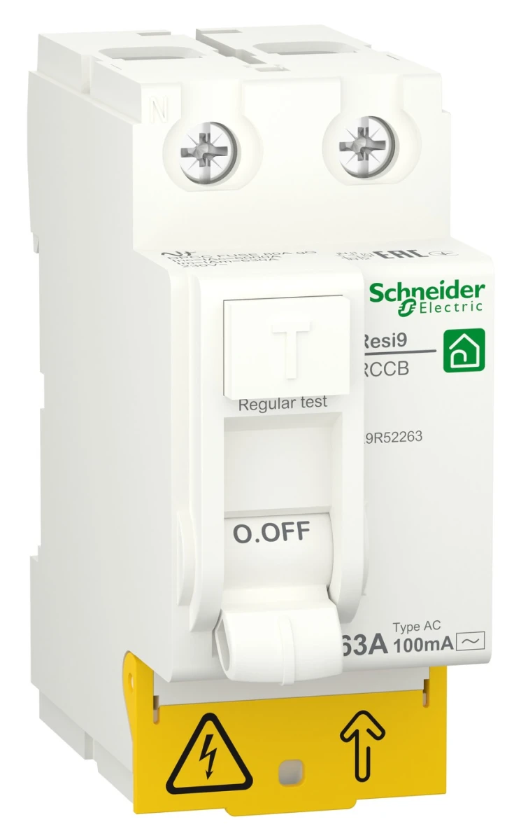 Диференціальний автоматичний вимикач Schneider Electric RESI9 (63A, 100мA, 2P, АС) (R9R52263)