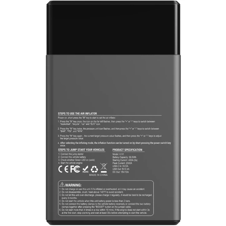 Автономное пусковое устройство Vtoman Jump Starter X1 2500A с компрессором 150PSI (X1_VTOMAN) фото 3