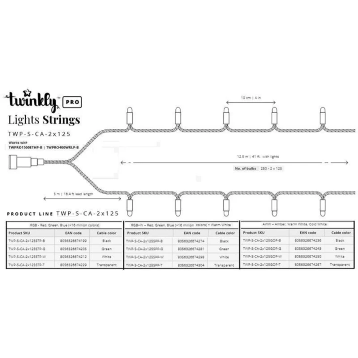 Гірлянда Smart LED Twinkly Pro Strings RGBW 250, подвійна лінія, AWG22, IP65, зелений (TWP-S-CA-2X125SPP-G) Twinkly 16604 фото 3
