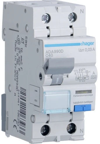 Дифференциальный автоматический выключатель Hager ADA990D (1P+N, 6kA, C, 40A, 30mA, A)