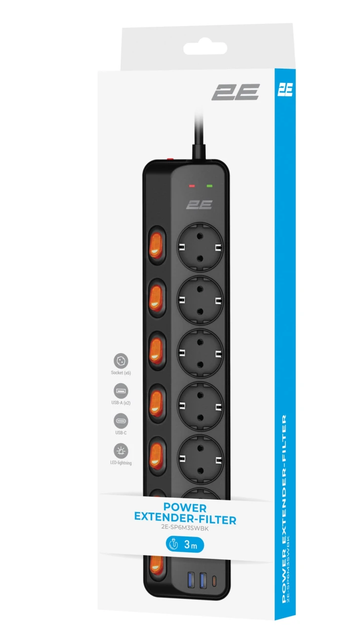 Мережевий фільтр 2E 6xТипF, 16A, 2xUSB-A, 1x USB-C,3м чорний (2E-SP6M3SWBK) фото 8